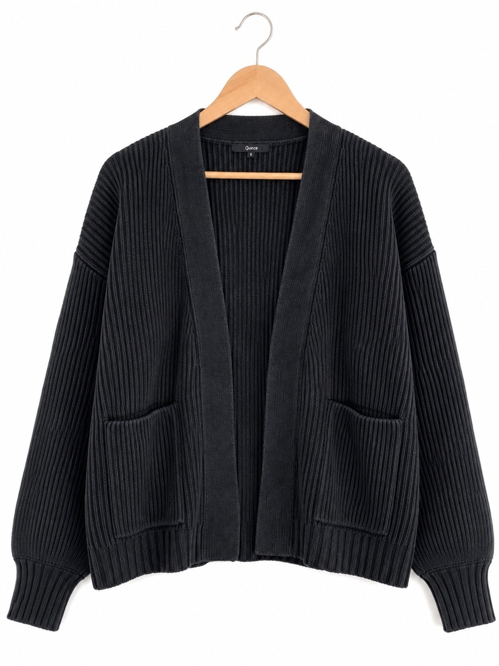 Quince 100% Organic Cotton Oversized Ribbed Cardigan Charcoal/Black S - Picture 2 of 8